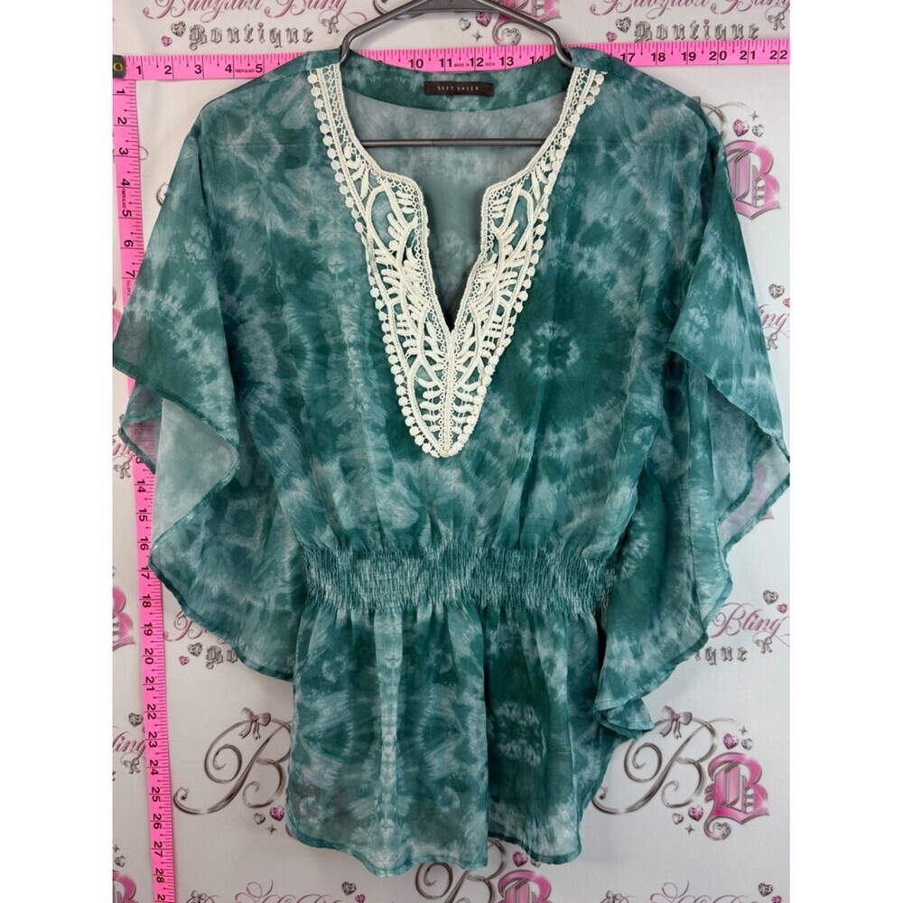 Suzy Shier shirt top Teal Tie-Dye Peasant Tunic crochet Cream Lace Trim T-shirt